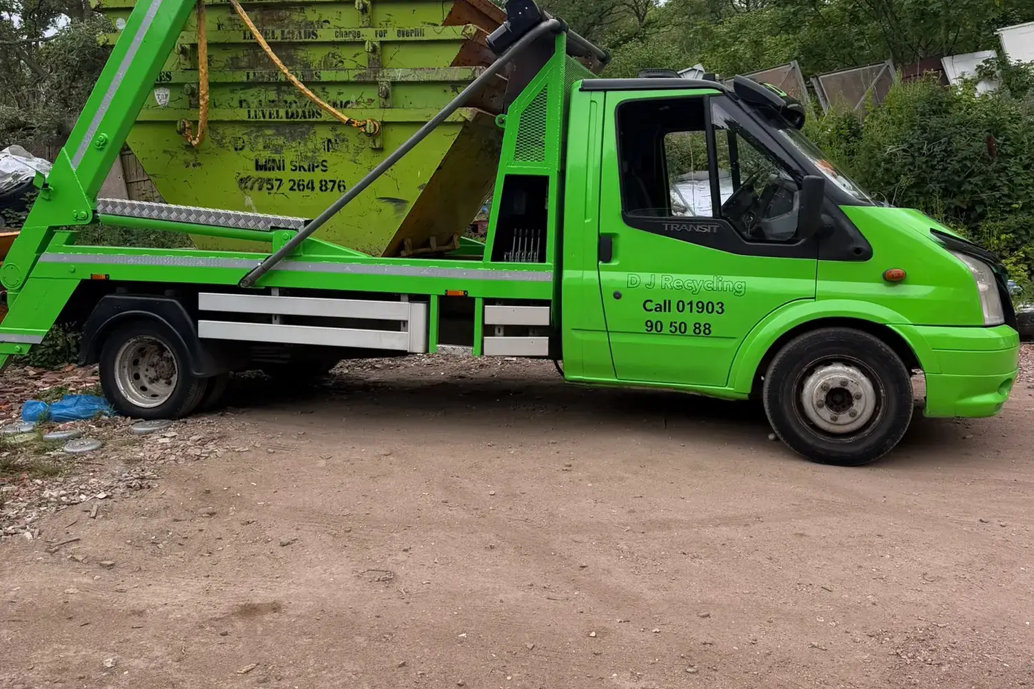 DJ Recycling skip lorry with stacked skips, call 01903 905088